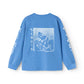 A blue long-sleeve t-shirt shown from the back, featuring a white line-art graphic of a character holding a pitchfork on the back and white text/graphic details down both sleeves.