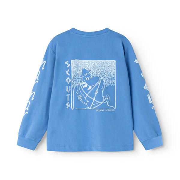 A blue long-sleeve t-shirt shown from the back, featuring a white line-art graphic of a character holding a pitchfork on the back and white text/graphic details down both sleeves.