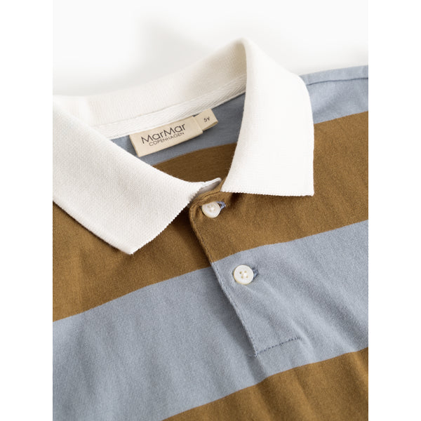 A close-up of a striped polo shirt by MatMar, featuring a white knit collar, a brown upper section, and a light blue lower section, with a two-button placket.