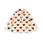 A cream-colored long-sleeve quarter-zip fleece pullover with an all-over pattern of small hearts in red, green, navy, and brown, displayed flat against a white background.