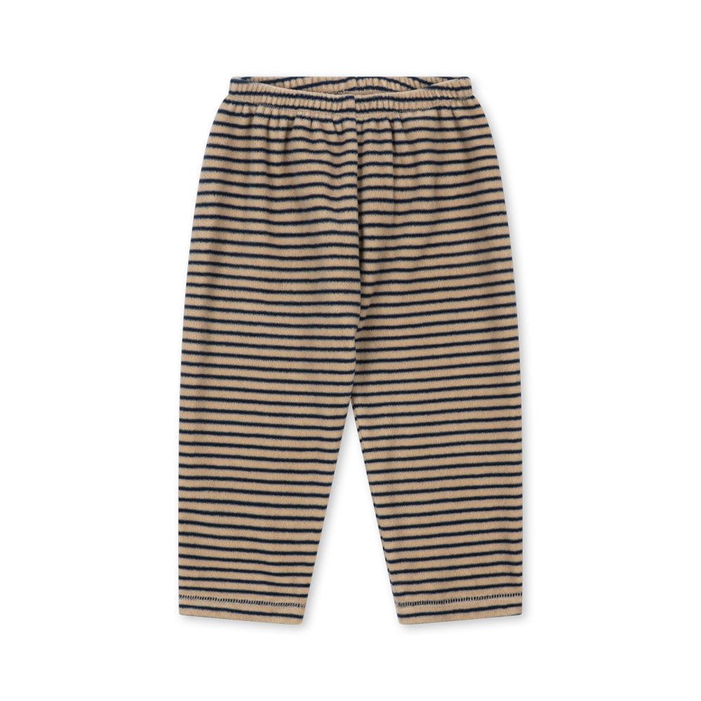 A pair of children's knit pants with horizontal stripes in beige and black, featuring an elastic waistband, shown flat against a white background.
