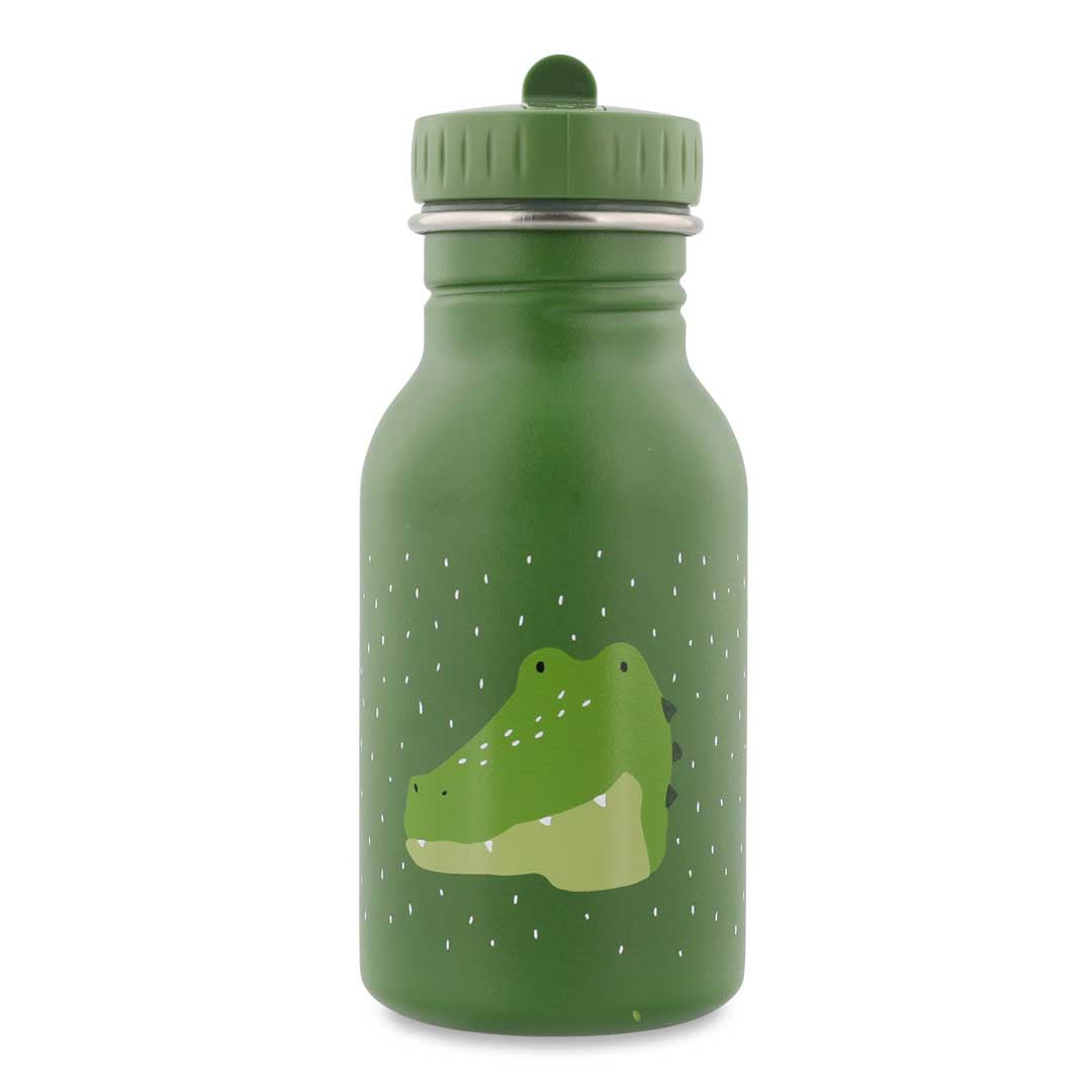 Green water bottle with a crocodile design on a white background
