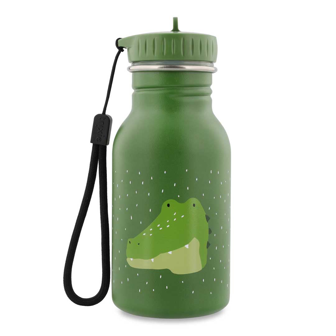 Green water bottle with a crocodile design on a white background