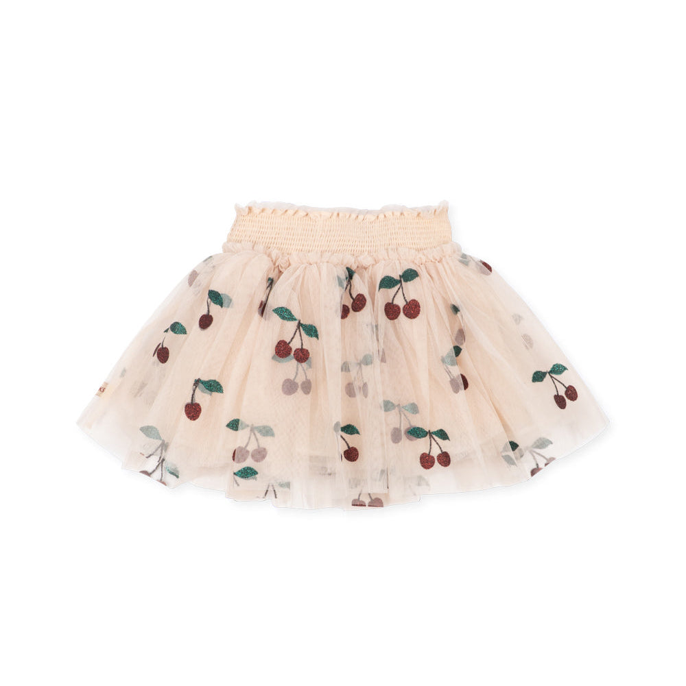 A light pink tulle tutu skirt with an embroidered cherry pattern, featuring a ruffled waistband, shown against a plain white background.