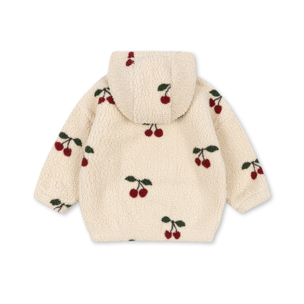 A cream-colored sherpa hoodie with an all-over cherry print, shown from the back on a plain white background.