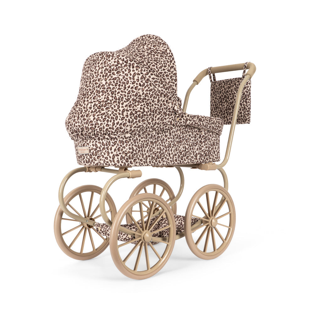 Vintage-style doll pram with leopard print cover on a white background