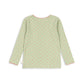 A light green long-sleeve top with a small repeating floral pattern in pink and green, shown flat against a white background.