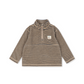 A long-sleeve quarter-zip pullover top with horizontal beige and brown stripes, featuring a small white brand patch on the left chest, displayed on a clean white background.