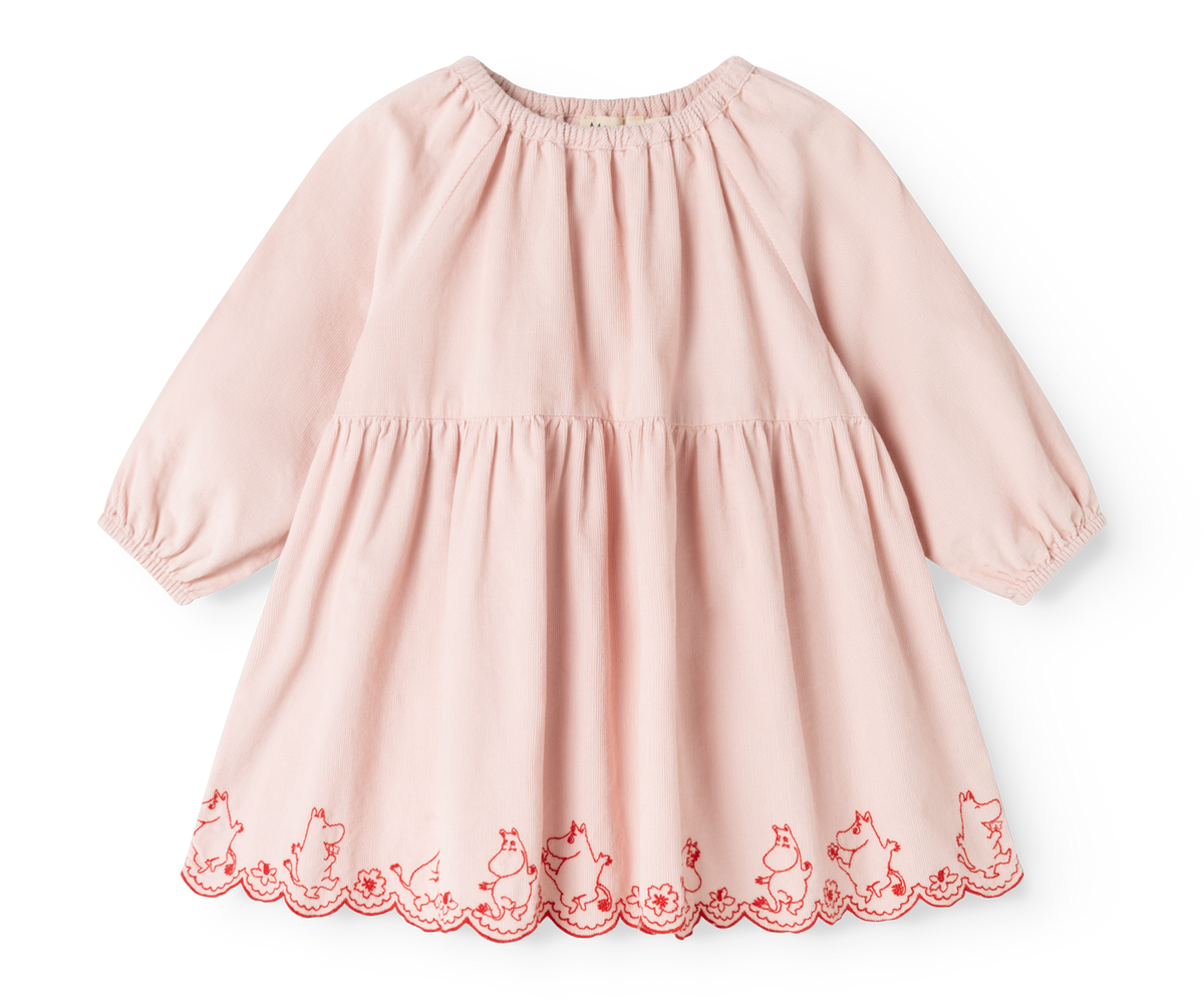A light pink long-sleeve baby dress with a tiered skirt and red embroidered cat and floral border details along the hem, shown on a plain white background.