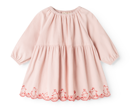 A light pink long-sleeve baby dress with a tiered skirt and red embroidered cat and floral border details along the hem, shown on a plain white background.