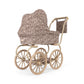Vintage-style doll pram with leopard print cover on a white background