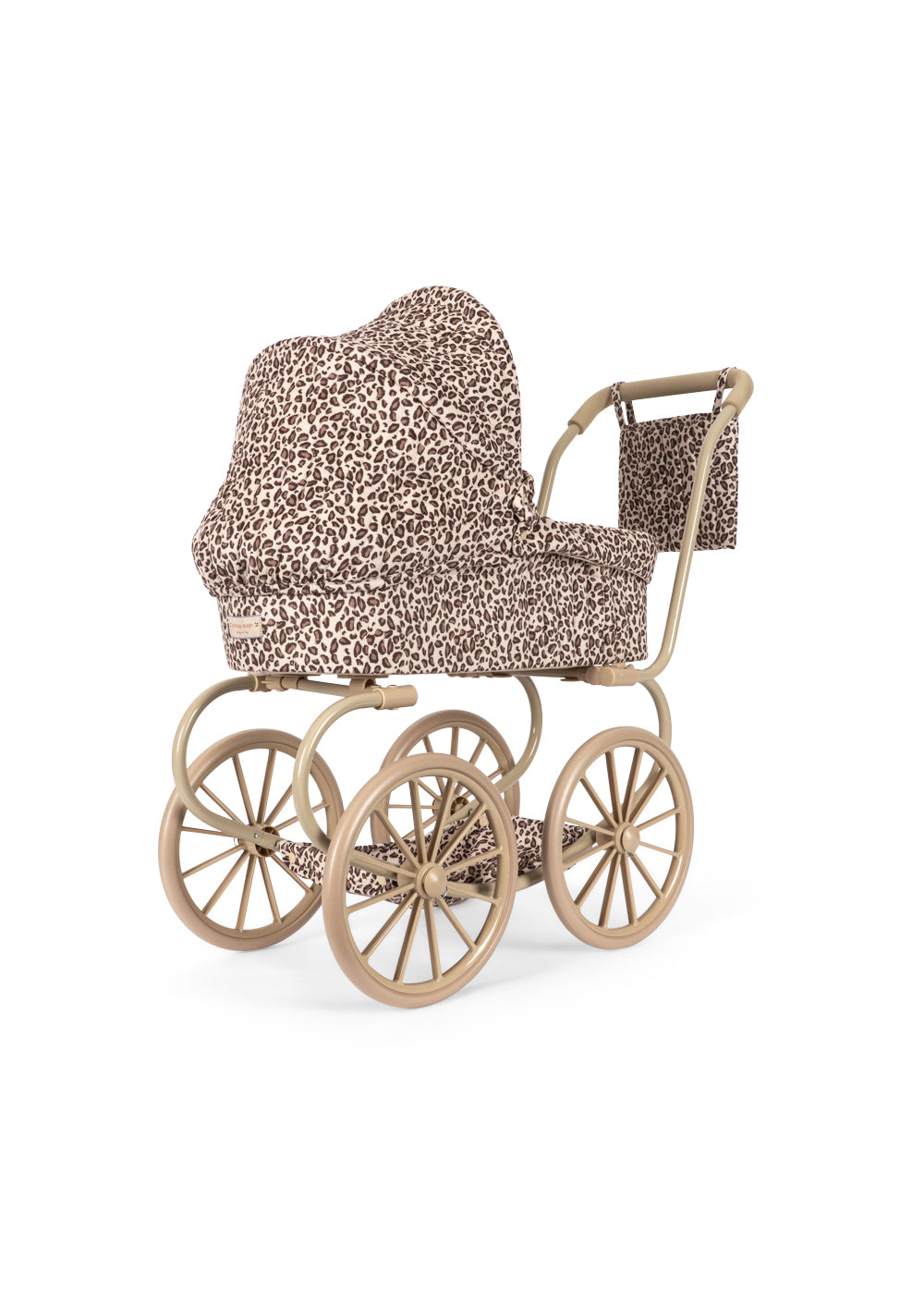 Vintage-style doll pram with leopard print cover on a white background