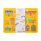Set of drawing pouches with illustrated buildings and a child, branded Moulin Roty, on a yellow background.
