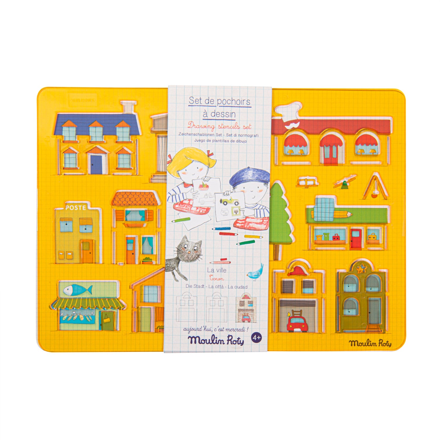 Set of drawing pouches with illustrated buildings and a child, branded Moulin Roty, on a yellow background.