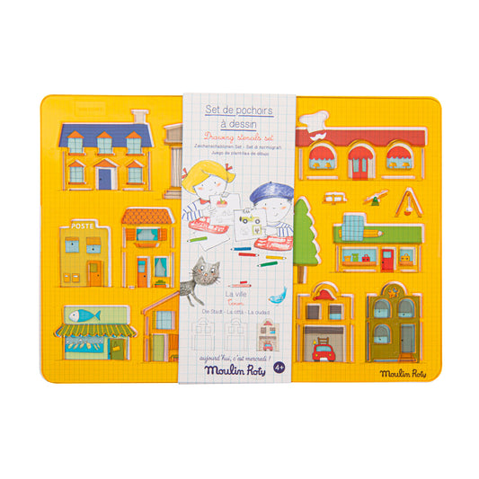 Set of drawing pouches with illustrated buildings and a child, branded Moulin Roty, on a yellow background.