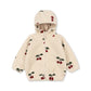 A cream-colored sherpa zip-up hoodie with an all-over cherry print, featuring red cherries with green leaves and a matching cherry detail on the hood, shown against a plain white background.