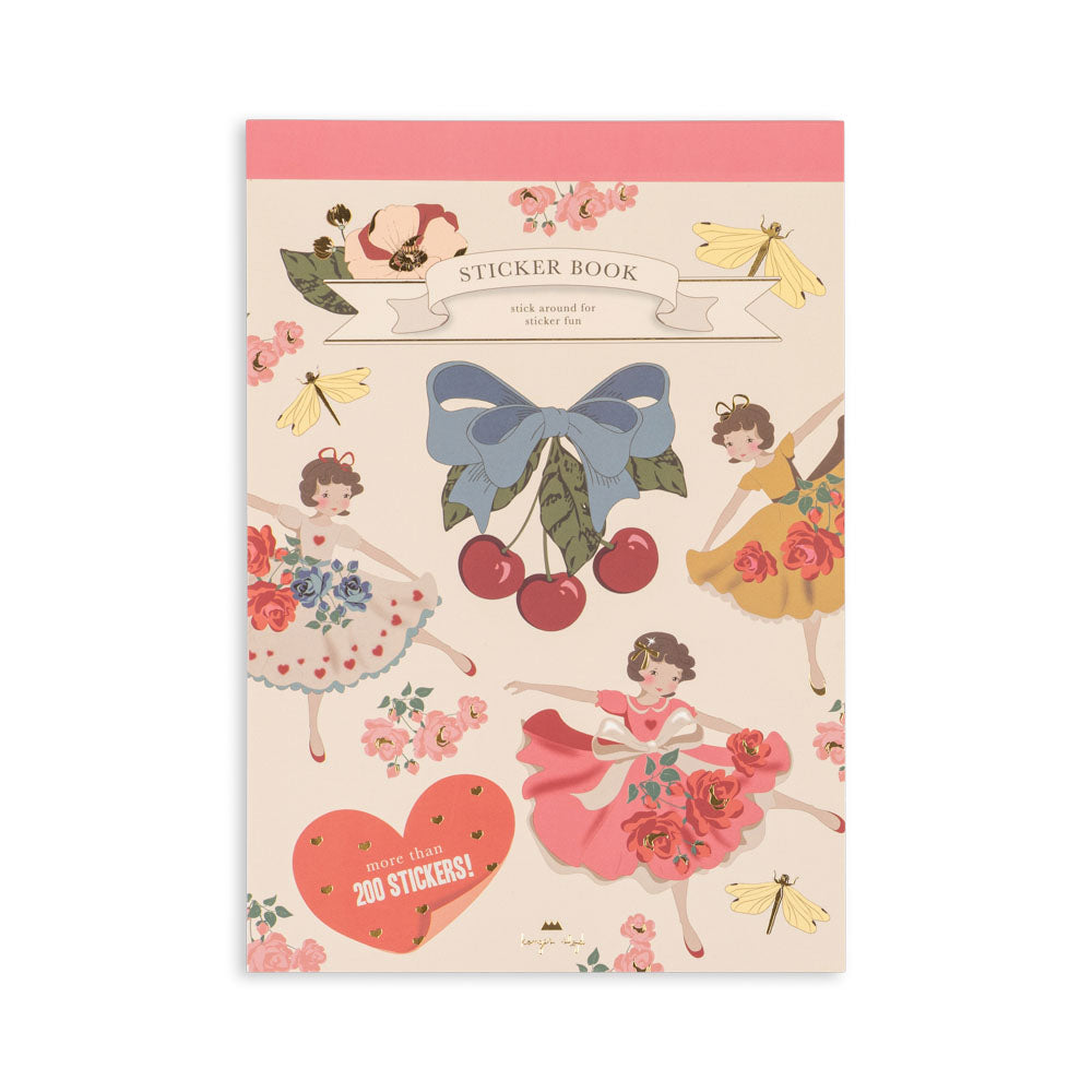A vintage-style sticker book with a pink top border and a cream-colored cover decorated with illustrations of ballerinas in floral dresses, cherries, a blue bow, butterflies, and a red heart that reads '200 STICKERS!'.