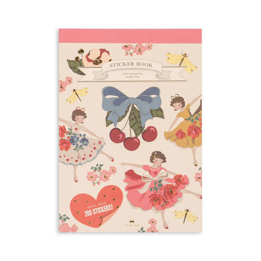 A vintage-style sticker book with a pink top border and a cream-colored cover decorated with illustrations of ballerinas in floral dresses, cherries, a blue bow, butterflies, and a red heart that reads '200 STICKERS!'.