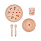 Children's tableware set with plates, cup, cutlery, and strawberry pattern on a white background