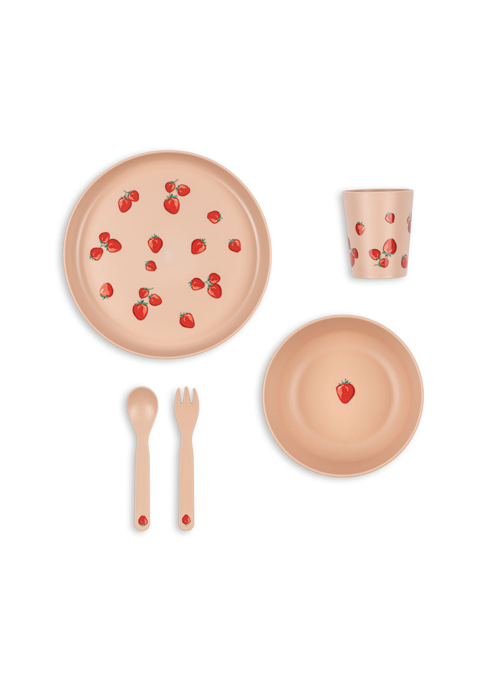 Children's tableware set with plates, cup, cutlery, and strawberry pattern on a white background
