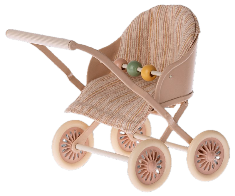 Toy pram with a textured seat and colorful beads on a white background