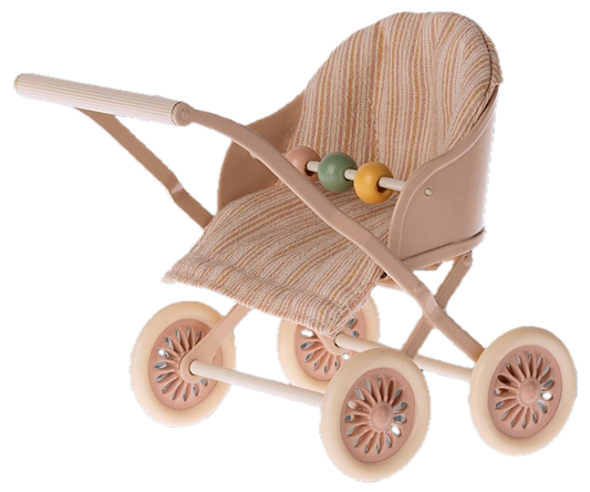 Toy pram with a textured seat and colorful beads on a white background