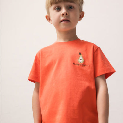 Child wearing an orange t-shirt with a small design on a plain background