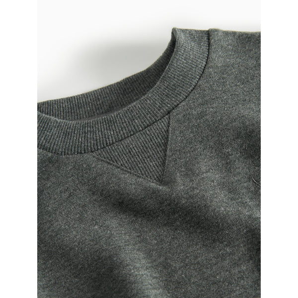 Close-up of a dark gray sweater collar on a white background
