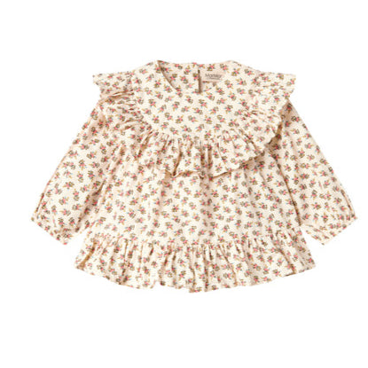 Floral blouse with ruffled sleeves on a white background