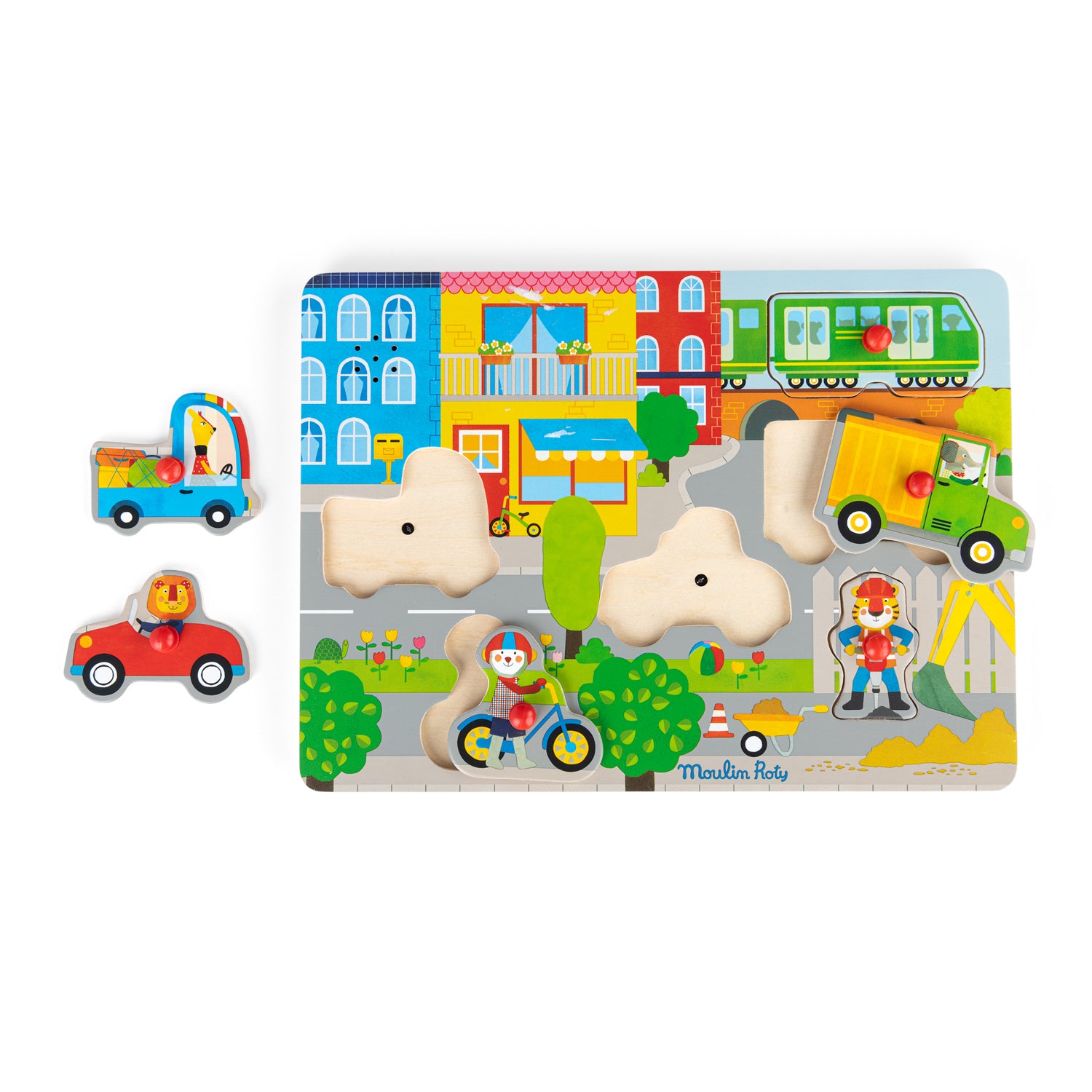 Wooden puzzle with colorful illustrations of a city scene and various vehicles on a white background.