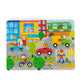 Children's puzzle with colorful illustrations of vehicles and characters on a white background