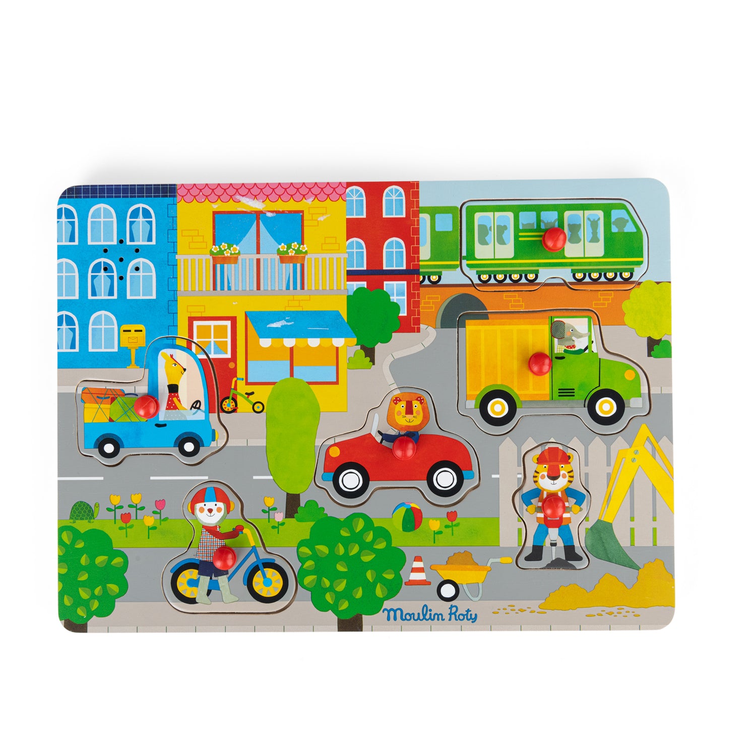 Children's puzzle with colorful illustrations of vehicles and characters on a white background