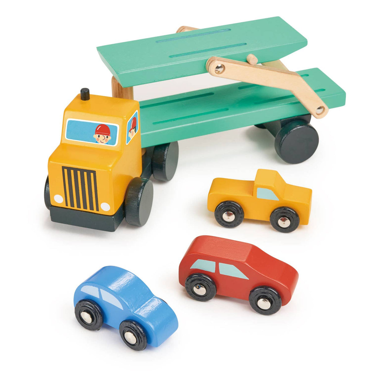 Wooden toy truck with a flatbed carrying smaller toy cars on a white background
