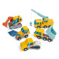 Set of toy construction vehicles including a crane, excavator, and dump truck on a white background