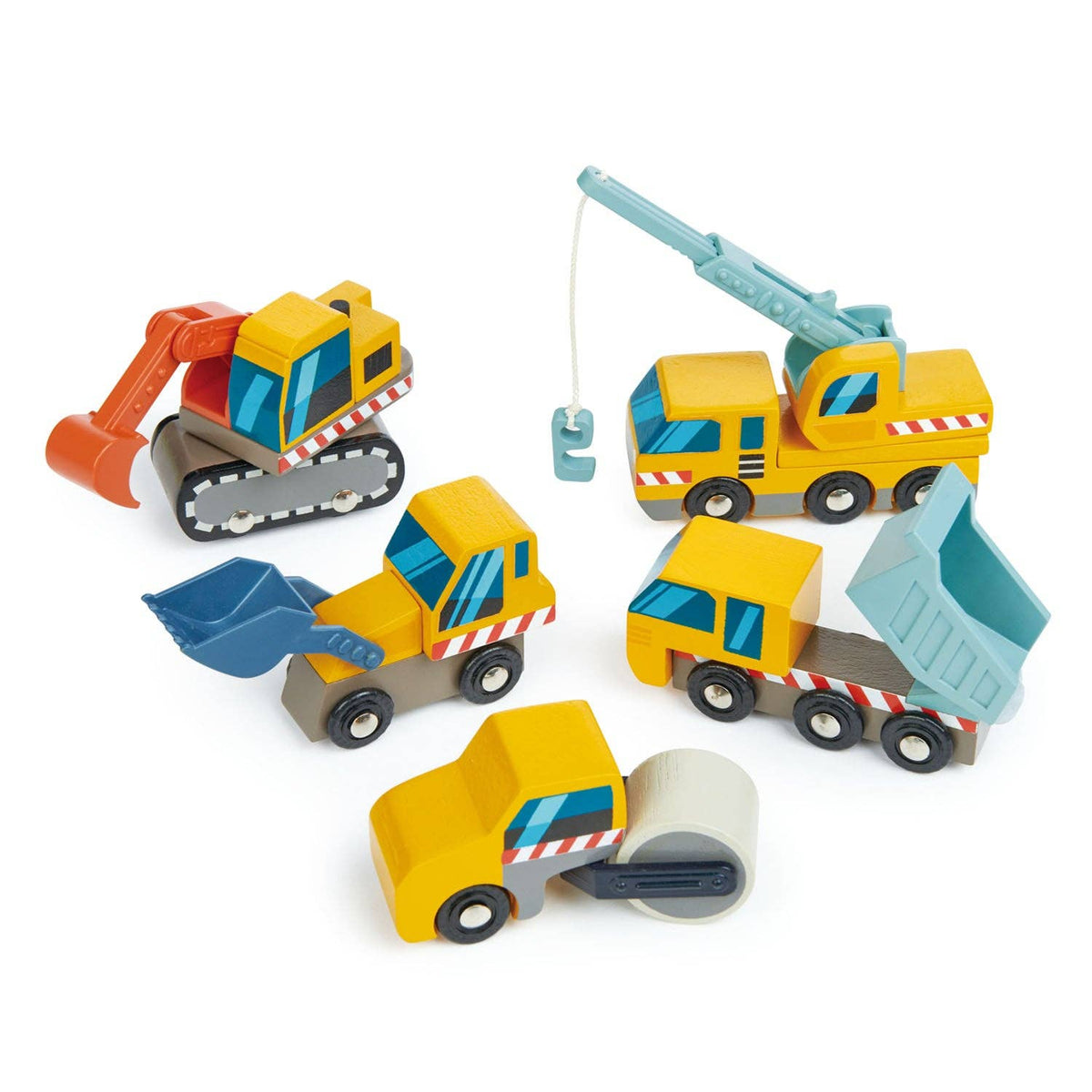 Set of toy construction vehicles including a crane, excavator, and dump truck on a white background