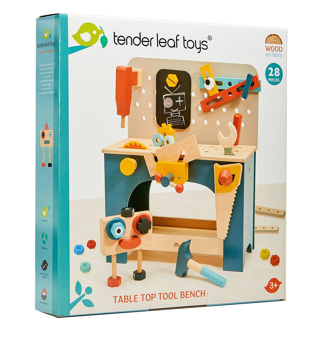 Box of Tender Leaf Toys Table Top Tool Bench with colorful tools on a white background