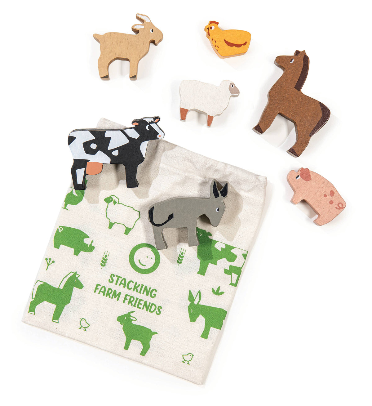 A children's wooden stacking farm-themed toy set with multiple animal pieces and a printed fabric bag. The set includes a cow, sheep, horse, chicken, goat, pig, and donkey, with the bag printed 'STACKING FARM FRIENDS' and decorated with green farm illustrations on a white background.