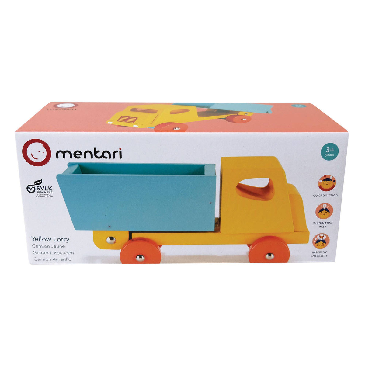 Box packaging of a yellow toy lorry with 'mentari' branding on a white background