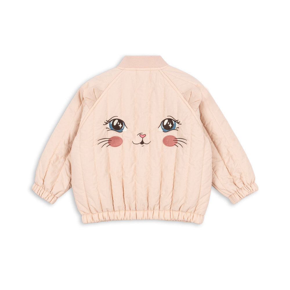 Pink children's jacket with a cat face design on a white background