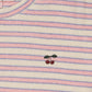 Close-up of a striped shirt with cherry embroidery on a pink and white background