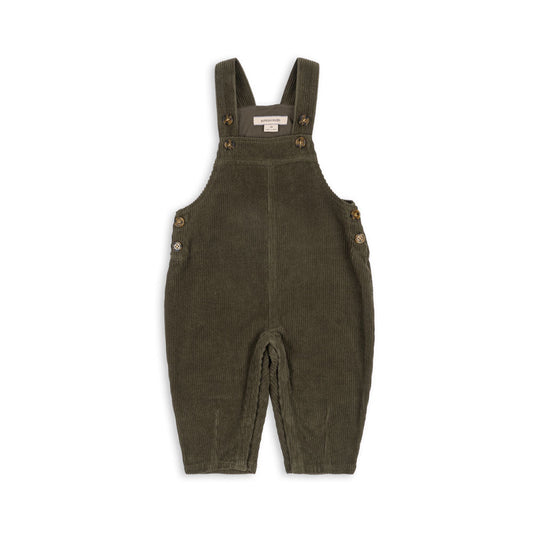 Green corduroy overalls on a white background