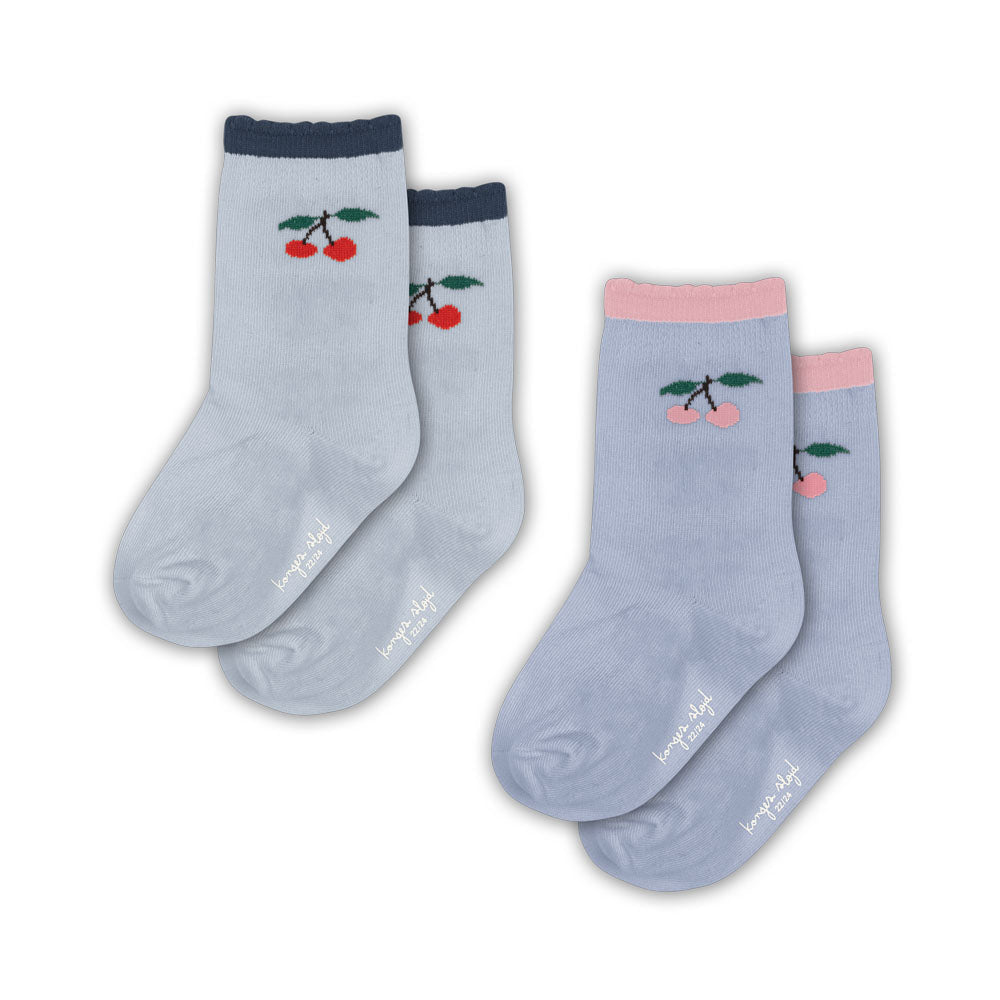 "2-pack kids' cherry print crew socks – soft cotton blend socks in light blue with pink and navy cuffs – cute and comfortable toddler and children's socks by Konges Sløjd"

This alt text includes search-friendly keywords like “kids' socks,” “cherry print,” “cotton blend,” and brand name to improve product visibility on Shopify and search engines. Let me know if you need titles or meta descriptions as well!