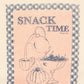 Decorative kitchen towel with 'SNACK TIME' text and illustrations of a teapot, cake, and grapes on a checkered border.
