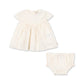 Baby dress and bloomers set with lace details on a white background
