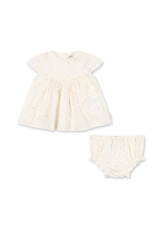 Baby dress and bloomers set with lace details on a white background