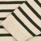 Close-up of a ribbed knit sweater with horizontal stripes in dark green and cream.