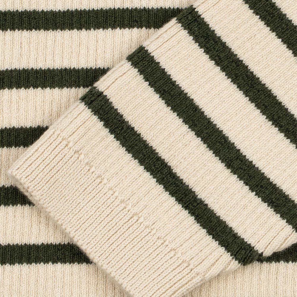 Close-up of a ribbed knit sweater with horizontal stripes in dark green and cream.