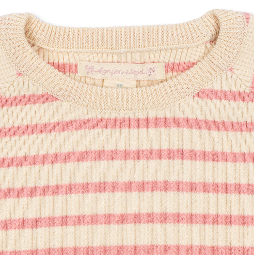 Close-up of a ribbed knit crewneck sweater with horizontal pink and cream stripes, showing the inner neck label that reads 'Raspberry Creek'.