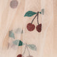 Close-up of a sheer cream tulle fabric with embroidered cherry motifs in red, green, and gray.