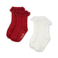 Two pairs of socks, one red with ruffles and one white, on a white background.